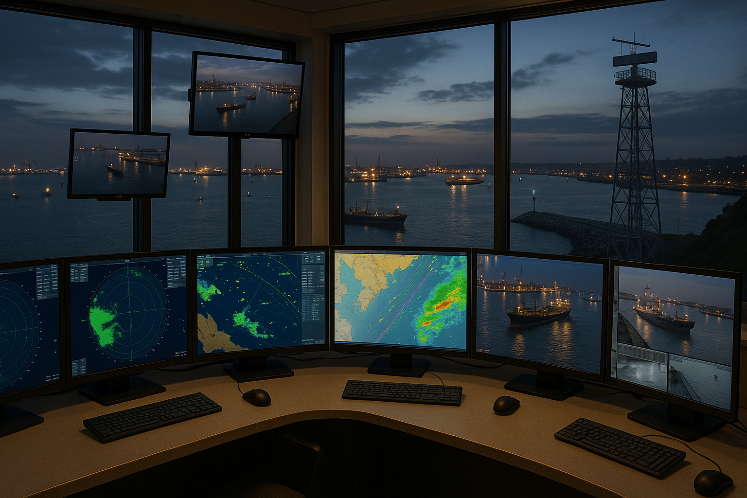 A coastal VTS control room with radar, AIS tracks, and camera feeds, plus a radar tower outside by the harbor entrance.