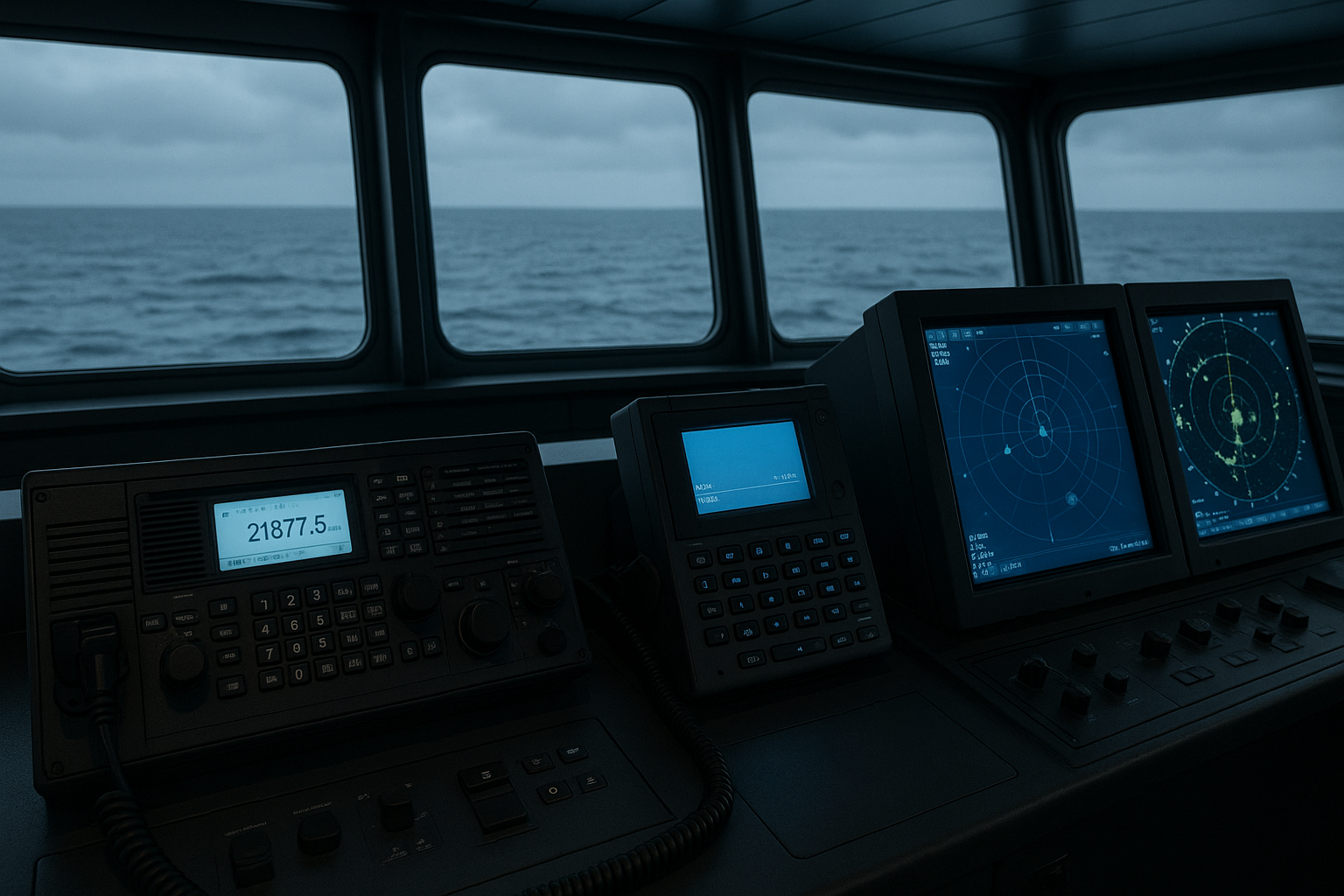 A professional ship bridge with active GMDSS radios, AIS, and radar displays overlooking a calm sea under overcast skies.