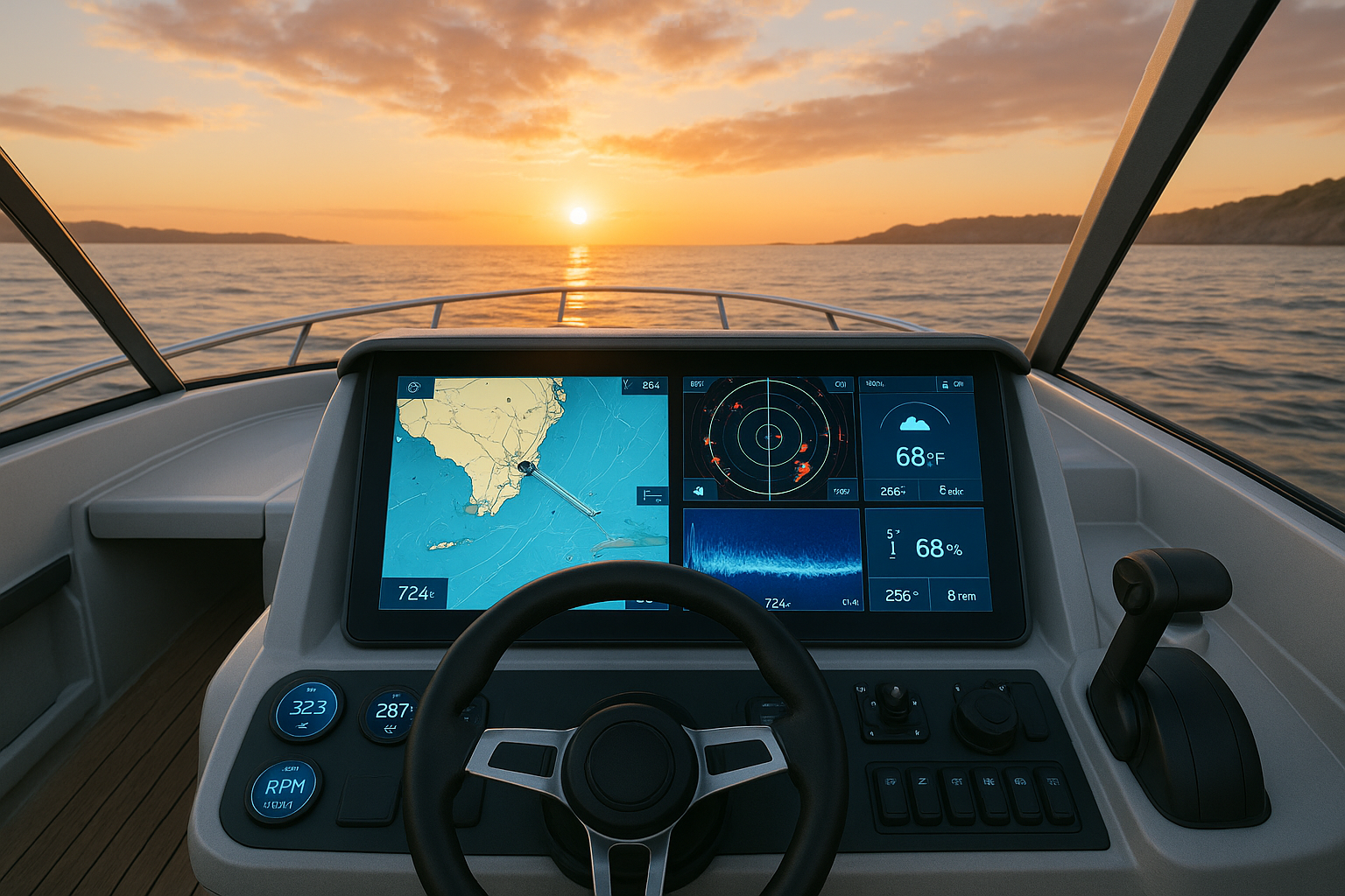 A small-boat helm at sunrise with an MFD showing chartplotter, radar overlay, sonar, and weather data.